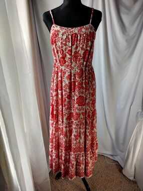 Blu Pepper Red and Cream Floral Maxi Dress